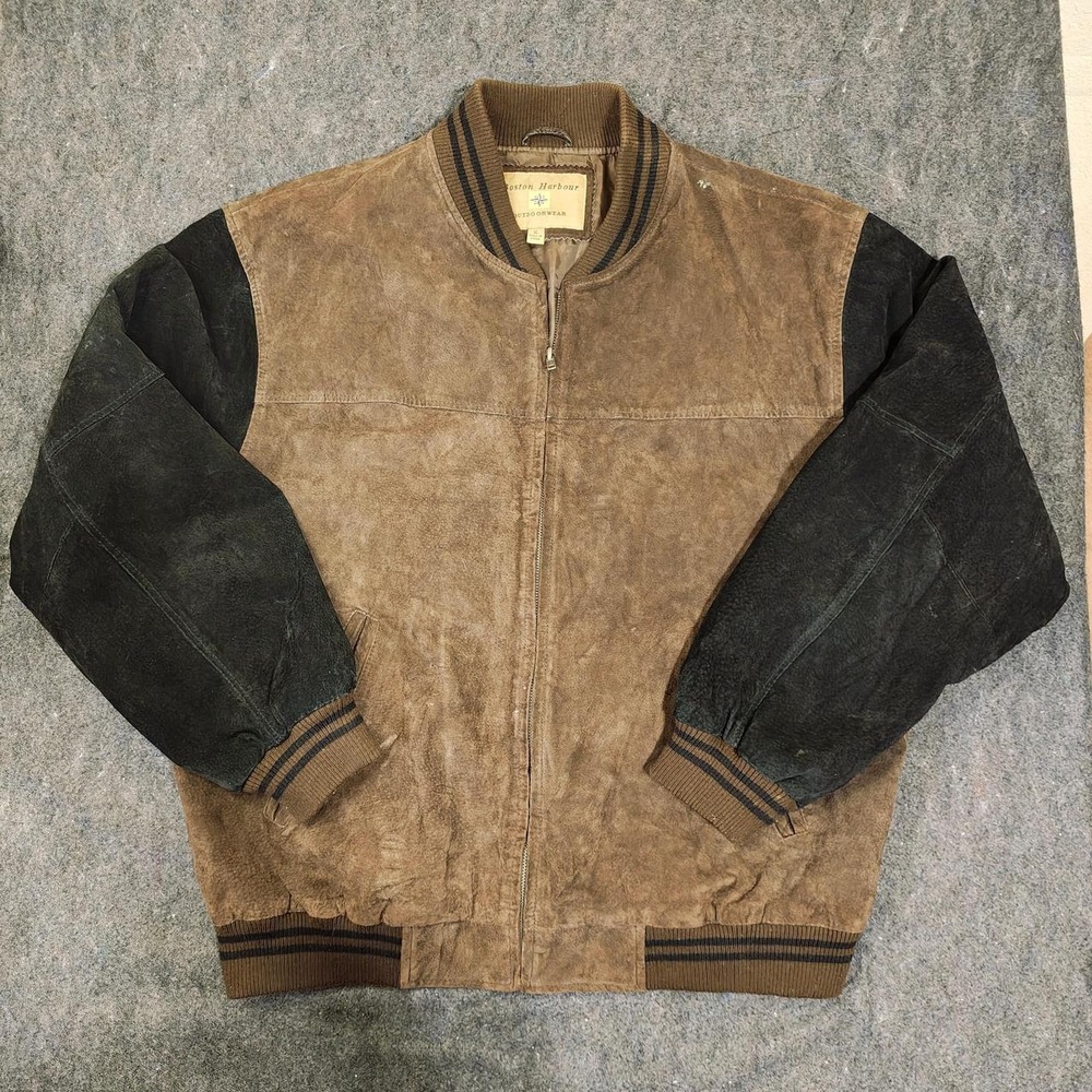 Boston Harbour Vintage Suede Bomber Jacket Mens XL Brown Black Colorblock 90s